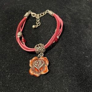 Enamel Red Rose Charm on Sueded Leather Bracelet